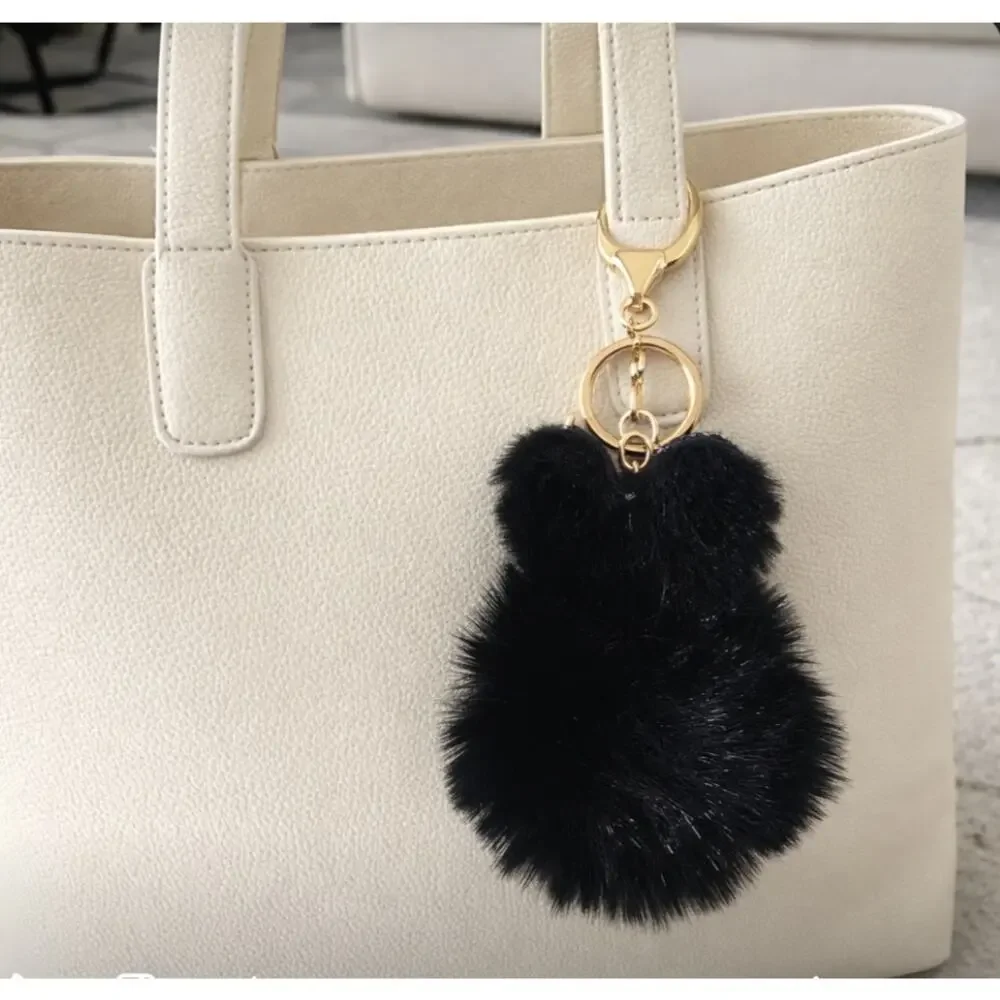 Black Furry Bunny Ears Pom Pom Bag Charm Key Ring